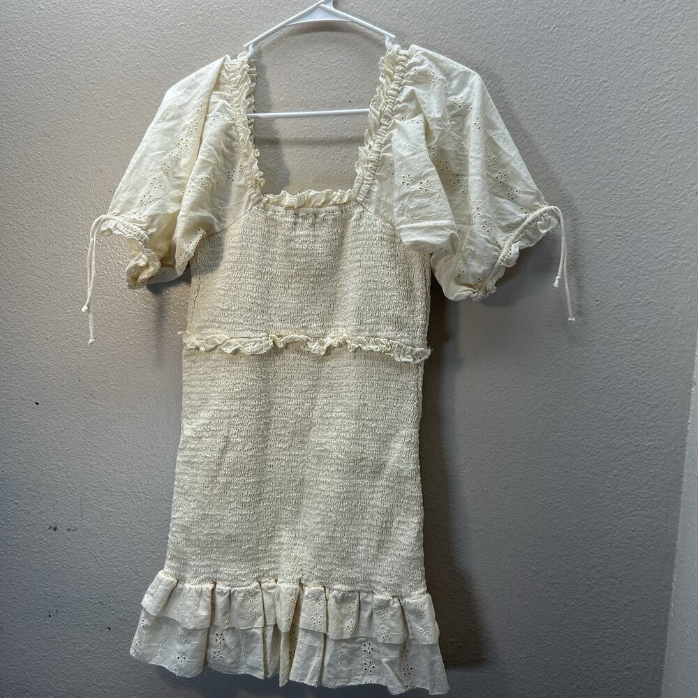 Cleobella SZ M Ivory Smocked Mini Dress‎ Boho Cottagecore Puffed Sleeves SZ M - Picture 7 of 9